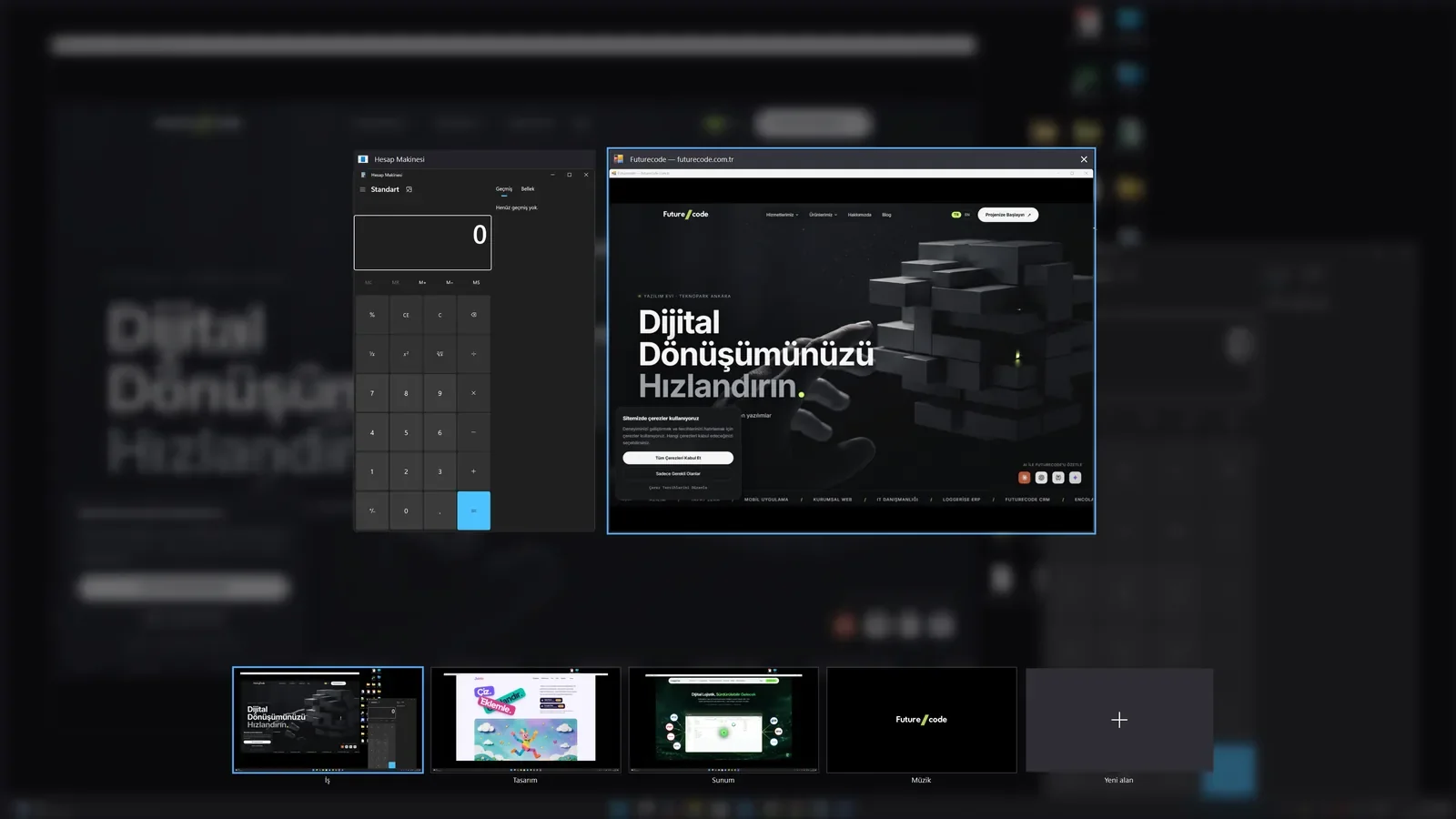 ScreenSpaces Win+Tab genel bakışı: üstte pencereler, altta İş, Tasarım, Sunum ve Müzik alanları